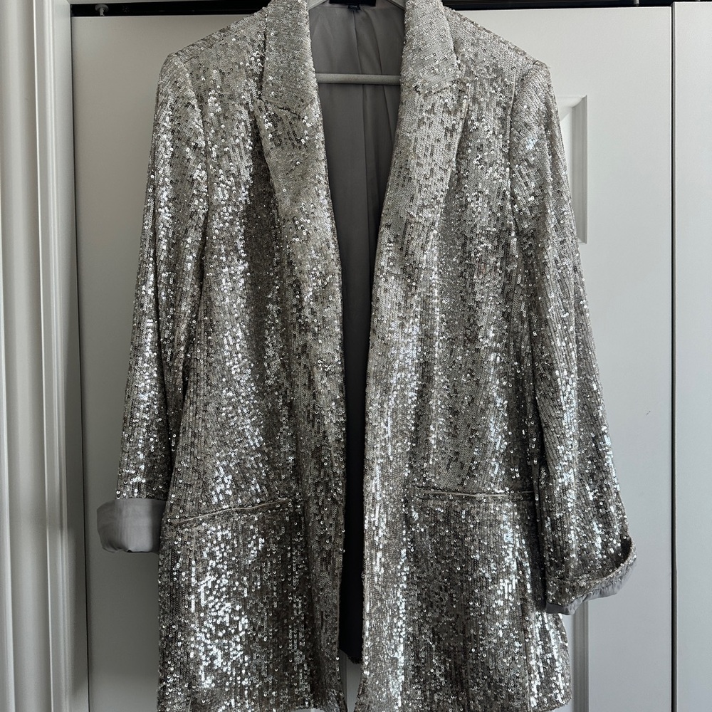 Express Silver Sequin Blazer with Lapel Collar